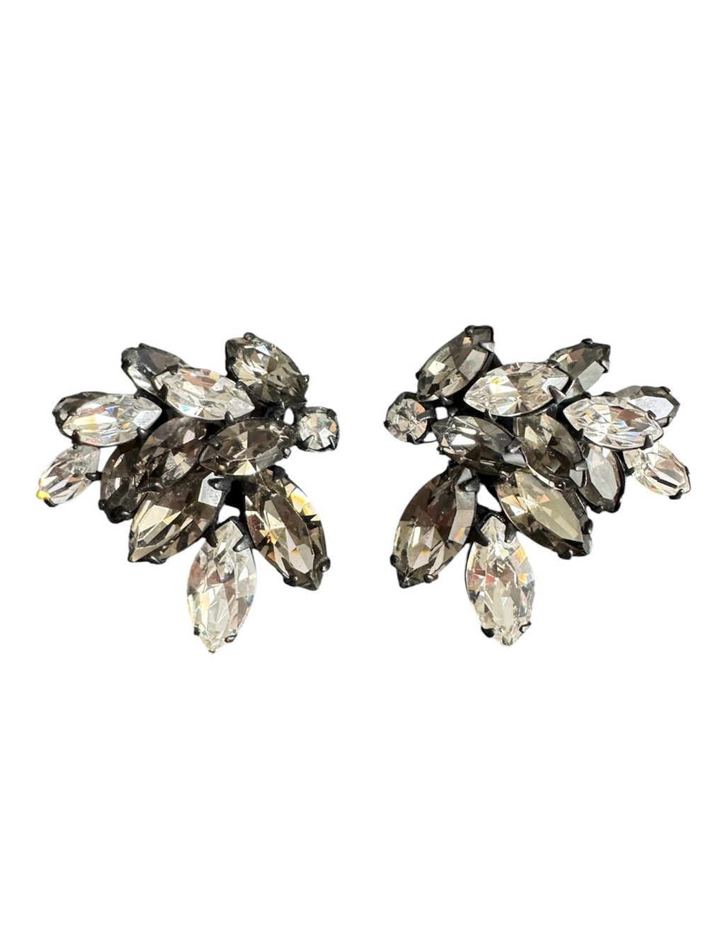 Vintage Regency Rhinestone‎ Earrings Clip-On Smoke Clear Cocktail 60s Retro